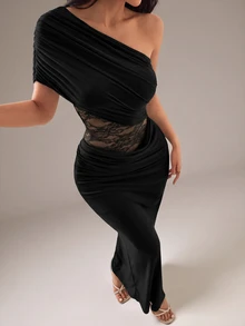 SHEIN PETITE Spring Summer New Elegant Romantic Sexy Mesh Contrast Lace Sheer Waist One Shoulder Ruched Cold Shoulder Cinched Cinched Waist Fitted Black Dress - Black - View 6
