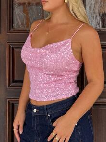 GalTyme Plus Size Sexy Cowl Neck Sequin Camisole Tank Top For Bar & Music Festival - Pink - View 5