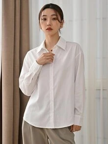 DAZY Casual Versatile Solid Color Long Sleeve Shirt - White - View 6