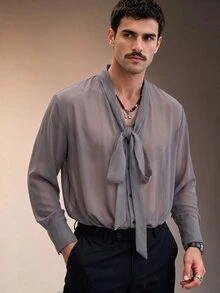 ZURIURI Men's Sheer Sexy Casual Shirt With Ribbon - Grey - View 4