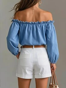 Everyssa New French Style Off-Shoulder Petal Sleeve Denim Top - Blue - View 2