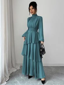 Elenzga 女款純色透視雪紡內襯高領蓬鬆垂墜復古腰帶收腰後綁帶可調節A字層次浪漫荷葉邊不對稱下擺燈籠長袖摩卡棕長洋裝優雅法式復古街頭風極簡百搭 - 水鴨藍 - 查看 3