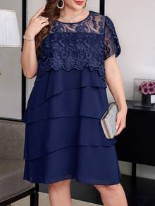 Reflora Plus Size Summer Elegant Solid Color Lace Patchwork Dress - Navy Blue - View 9