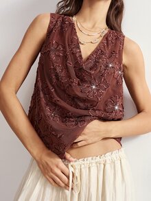 Bohemela Women's Cowl Neck Floral Textured Fashion Loose Tank Top - Brown - View 4