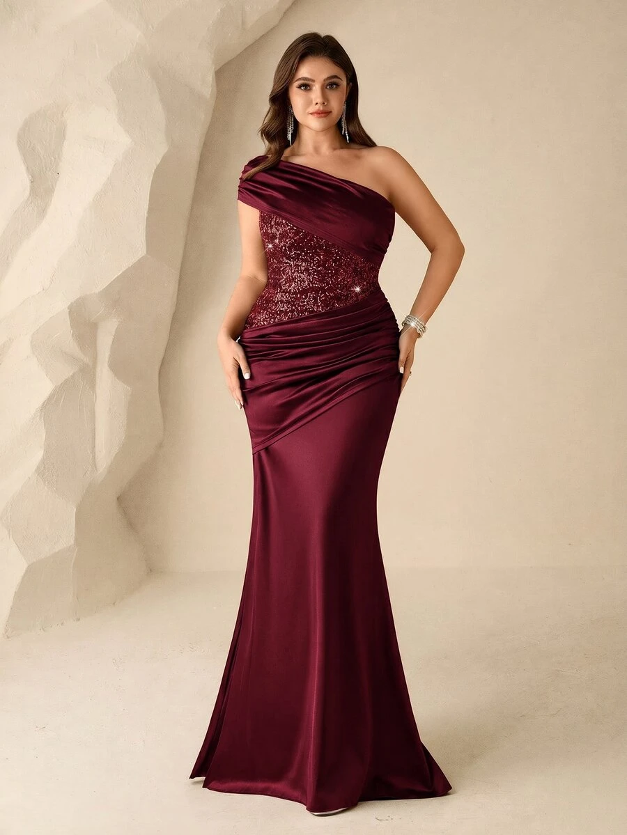 Coutiva Plus Size Women's One Shoulder Ruched Elegant Waist-Cinching Evening Gown Dress - Red - View 1