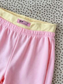 SHEIN Tween Girl Solid Color Kids Square Neck Long Sleeve Ruched T-Shirt And Sweatpants Casual Set Suitable For Spring And Summer Suitable For Autumn Daily - Multicolor - View 3