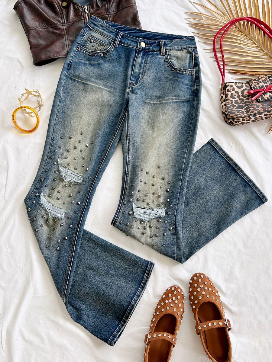 Soleia Women's Beaded Design Pocket Distressed Casual Flare Jeans - Multicolor - View 1