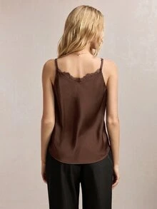 BizChic Shades Of Brown V領可調節蕾絲拼接背心，優雅性感法式復古商務通勤外出約會休閒運動夏季萬聖節 - 棕色 - 查看 7