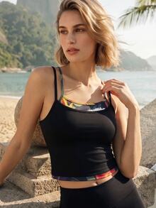 CAJUNI Printed Patchwork 2 In 1 Sports Camisole - Black - View 3