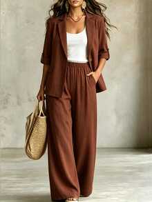 Linhara CURVE Plus Size Women Spring/Autumn Solid Color Faux Linen Open Front Button-Up Double Pocket Casual Elegant Commute Blazer + Elastic Waist Pocket Loose Long Pants Music Festival Club 2-Piece Set - Brown - View 3