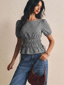 Poéselle 女款棉混紡黑白格紋圓領短版花瓣袖抽褶腰上衣 休閒復古法式夏季上衣 野餐早午餐穿搭 - 黑與白 - 查看 9
