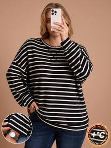 SHEIN BASICS Plus Size Casual Striped Sweatshirt, Autumn/Winter - Black and White - View 3