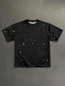 Salvezio 閃爍星星弧形手寫字體時尚休閒印花男士標準尺寸寬鬆短袖T恤 - 黑色 - 查看 3