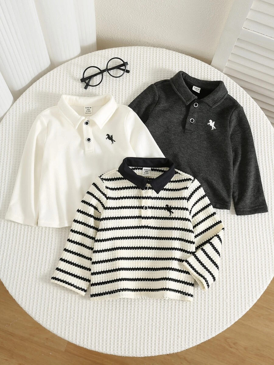 SHEIN 嬰兒男女通用 3 件組 秋冬休閒可愛保暖內裡加厚長袖 POLO 針織上衣,嬰兒冬季 Polo 衫上衣 - 黑與白 - 查看 1
