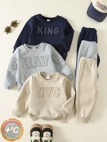 SHEIN 中性嬰兒男/女童、幼兒 2 件組秋冬保暖內裡加厚可愛拼色拼接立領運動衫套裝，嬰兒冬季衣物、運動服、聖誕 - 藏蓝色 - 查看 3