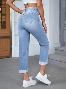 SHEIN PETITE Women's Outdoor Fashion Versatile Wide Leg Cuffed Hem Blue Denim Jeans - Light Wash - View 2