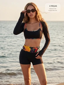 CAJUNI 2-Piece Gym Fitness Set With Toucan Print Detail: Short Top And Arm Sleeves. - Black - View 8