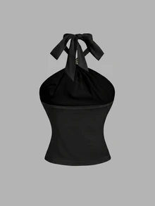 SHEIN MOD 女款金屬裝飾修身百搭日常穿搭掛脖上衣 - 淡黃色 - 查看 7