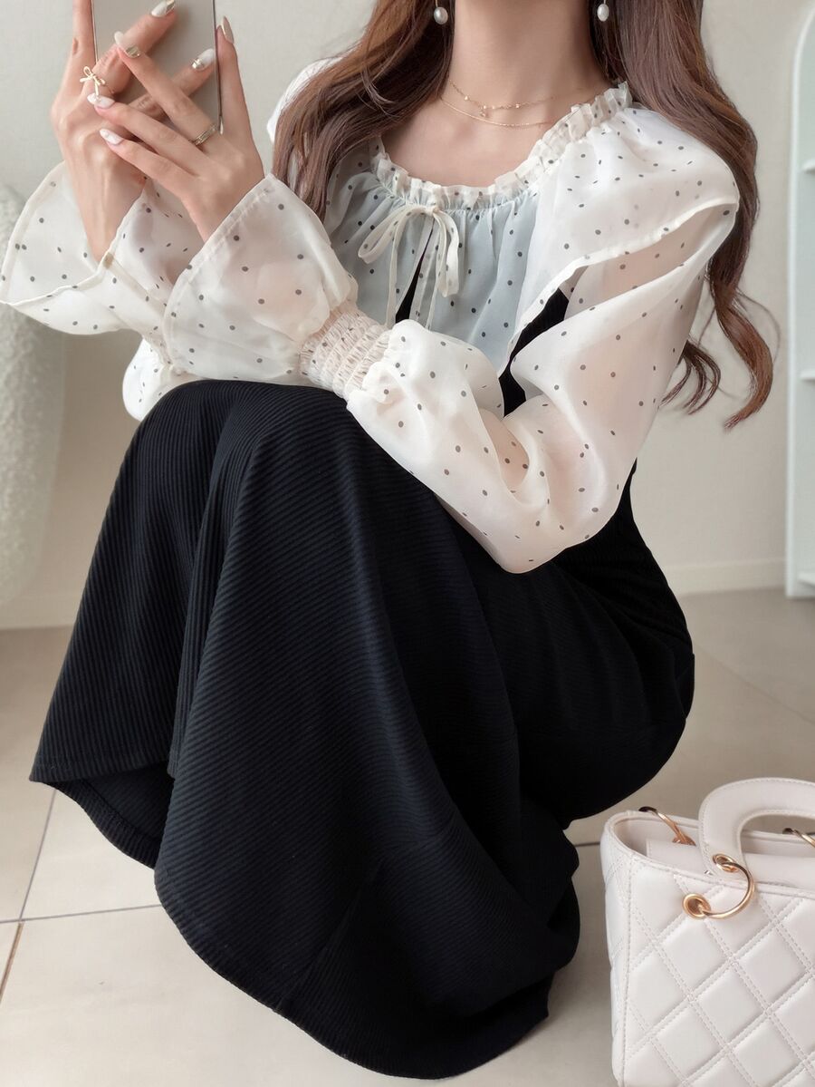 FRIFUL Gaun Elegan Wanita Motif Polkadot Patchwork dengan Ruffle dan Tali di Bagian Depan - Hitam dan Putih - View 1
