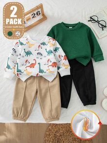 SHEIN Vintaside Kids 2件組男嬰衛衣+長褲套裝，可愛祖母綠黑白卡其恐龍印花，前縫線羅紋長袖圓領，適合上學、家庭、秋季 - 綠色 - 查看 1