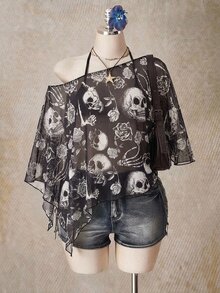SHEIN CURVE+ Plus Size Halloween Skeleton Print Mesh Top For Women - Multicolor - View 6