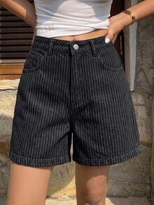 DAZY Women's Minimalist Versatile Button Striped Pocket Shorts - Blue - View 1