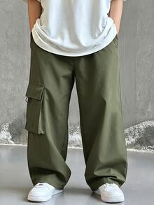 SHEIN Little Byeori 兒童青少年男孩休閒日常舒適工裝直筒寬鬆長褲，軍綠色工裝褲，新年，6-7歲適用，適合外出、約會、上學，春、夏、秋、冬 - 軍綠色 - 查看 2
