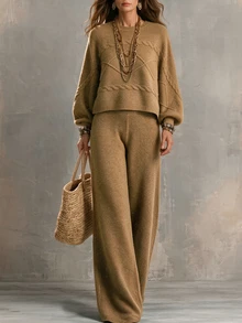 SHEIN Women Cable Knit 2 Pieces Outfits, Long Sleeve Crop Sweater & Wide Leg Pants Knitted Set - Brown - View 1