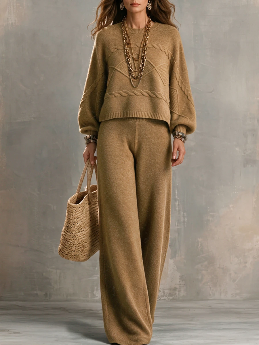 SHEIN Women Cable Knit 2 Pieces Outfits, Long Sleeve Crop Sweater & Wide Leg Pants Knitted Set - Brown - View 1