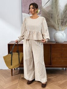 Lounesse Plus Size Women's Casual 2 Pieces Set, Plaid Outfit, Autumn Outdoor Wear Fall - Apricot - View 2