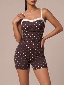 SHEIN BAE Women Brown Backless Cross Back Polka Dot Spaghetti Strap Athletic Romper Gym Workout Training Running Yoga Sports Bodysuit - Coffee Brown - View 3