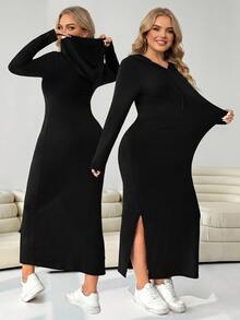 SHEIN CURVE+ 黑色休閒大尺碼女款長袖側開衩下擺連帽洋裝 秋季 - 黑色 - 查看 6