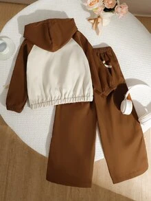 SHEIN 女童2件套 常規厚度梭織休閒百搭配色連帽落肩前開拉鍊運動外套，搭配寬鬆寬腿長褲，蝴蝶結印花裝飾、粉色梭織織帶飾邊、手工3D蝴蝶結，適合休閒運動與日常活動 - 棕色 - 查看 2