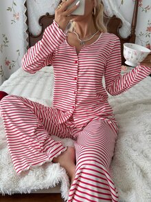 SHEIN Setelan Piyama 2 Potong Wanita dengan Kancing Depan Leher V, Atasan Lengan Panjang Motif Garis Minimalis Modis dan Celana Panjang - Burgundy - View 6