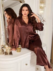 LuxeNights Minimalist Solid Color Satin Lapel Pajama Set, 2 Pieces - Coffee Brown - View 6