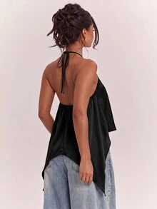 SHEIN BAE 春夏女款休閒度假掛脖蕾絲拼接露背不對稱下擺棕色純色緞面背心，適合海邊度假、海灘假期、姊妹休閒度假，優雅實用棕色緞面背心 - 黑色 - 查看 2