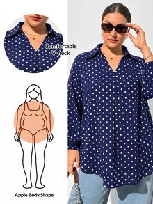 Shapeblank 大尺碼女款春夏/秋冬時尚休閒寬鬆舒適日常基礎百搭顯瘦棕色波點V領長袖襯衫，秋季服飾，極簡風，外出上衣，波點上衣 - 藏蓝色 - 查看 1