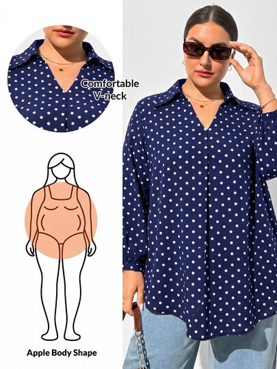 Shapeblank Plus Size Women's Spring/Autumn Fashion Casual Loose Comfortable Daily Basic Versatile Slimming Brown Polka Dot V-Neck Long Sleeve Blouse, Autumn Clothing, Minimalist Style, Outing Top, Polka Dot Top