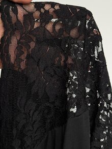 Viva Relle Plus Size Women's Elegant V-Neck Lace Patchwork Solid Fabric Elegant Ruched Collar T-Shirt, Daily Wear, Commute Wear Fall - Black - View 7