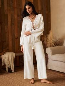 Lullawish Bohemian 100% Lace Hollow Out Women's Pajama Set - White - View 3