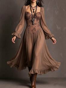 Glimmora Gaun Panjang Polos Bergaya Vintage untuk Wanita Musim Gugur/Dingin, dengan Hiasan Ruffle di Bagian Bawah dan Tali Jala di Belakang. - Coklat - View 1