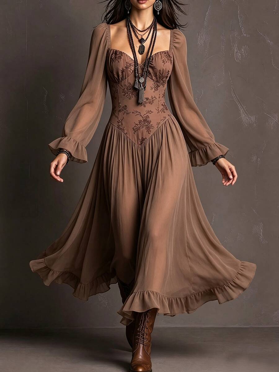 Glimmora Gaun Panjang Polos Bergaya Vintage untuk Wanita Musim Gugur/Dingin, dengan Hiasan Ruffle di Bagian Bawah dan Tali Jala di Belakang. - Coklat - View 1
