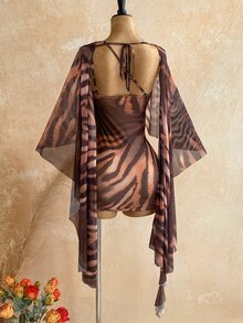 Soleia 動物印花披肩袖透視女款滿版印花洋裝與純色上衣休閒兩件套性感女裝 - 彩色 - 查看 2