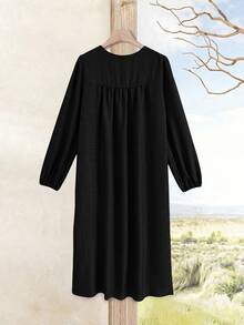 Rusticease Women's Solid Color Button Design Pleated Casual Basic Basic Retro Vintage 70s 2000s Long Dress Picnic Brunch Everyday Black Autumn - Black - View 2