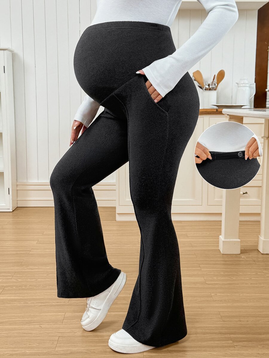 SHEIN Maternity Solid Color Adjustable Waistband Pocket Leggings - Dark Grey - View 1