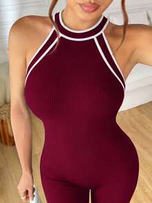 SHEIN Dewbera 女款掛脖修身運動連身褲 - 酒紅色 - 查看 2