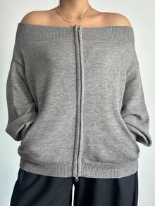 POPSWAY Plus Size Women's Off-Shoulder Long Sleeve Zipper Front Knit Cardigan Fall - Grey - View 5