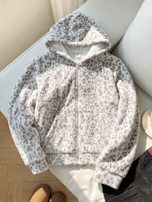 SHEIN 青少年女孩黑色愛心印花抓絨連帽拉鍊外套，秋季毛絨外套返校穿搭 - 杏色 - 查看 2