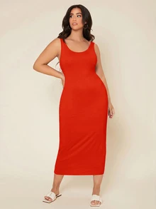 SHEIN BASICS 大尺碼純色貼身休閒晚餐約會洋裝 夏季女款優雅連身裙 - 亮橙色 - 查看 7
