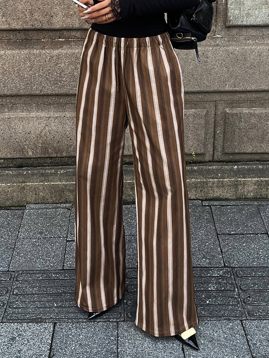 Livesso 女款條紋拼色休閒長褲 70年代 90年代 日常度假款 秋季棕色格紋棕色條紋 - 咖啡棕 - 查看 1